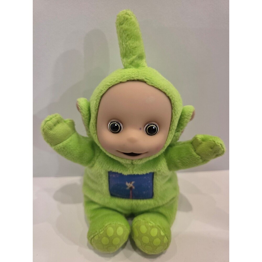 2003 Ragdoll Teletubbies Dipsy 7" Green Plush Pinwheel Belly Screen Vinyl Face